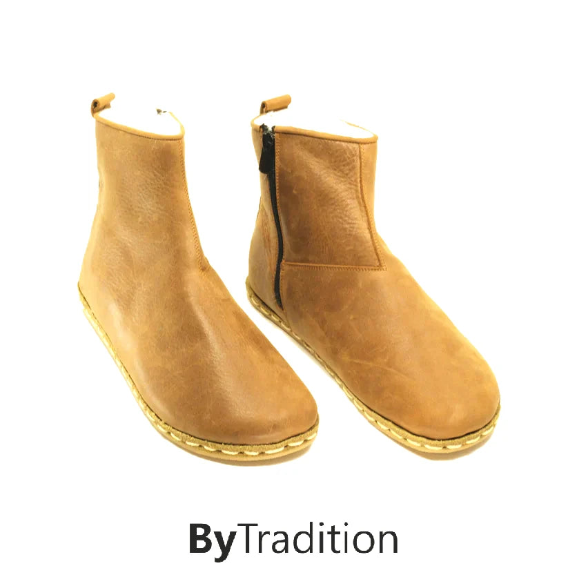 Short zipper boot - Wool lined - Natural and custom barefoot - Matte brown