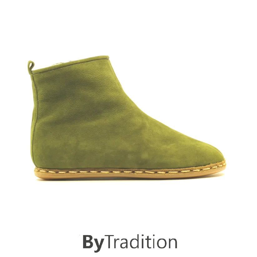 Short zipper boot - Wool lined - Natural and custom barefoot - Green - Nubuck