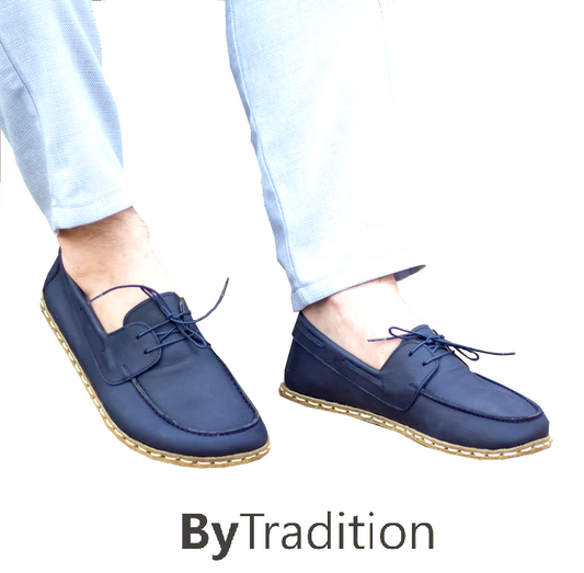 Boat shoe - Copper rivet - Natural and custom barefoot - Navy blue - Man