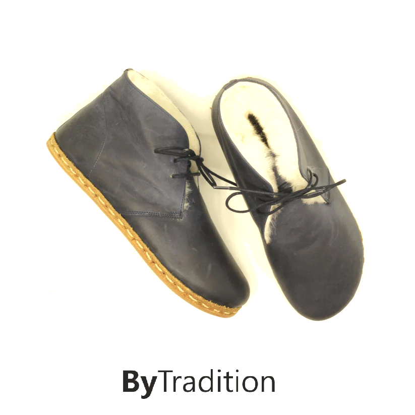 High lace-up shoe - Wool lined - Natural and custom barefoot - Navy blue - Man
