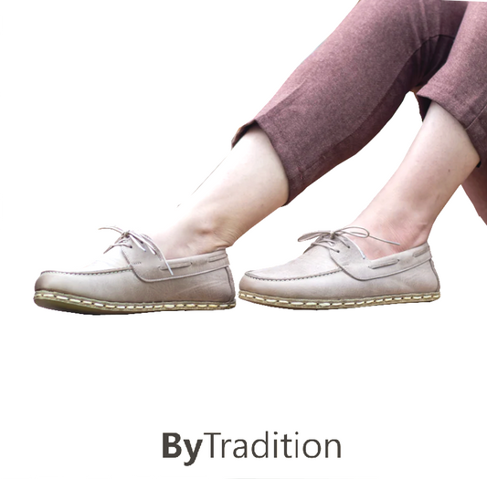 Boat shoe - Copper rivet - Natural and custom barefoot - Khaki gray - Woman