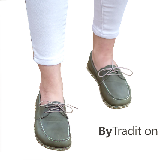 Boat shoe - Copper rivet - Natural and custom barefoot - Army green - Woman