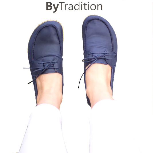 Boat shoe - Copper rivet - Natural and custom barefoot - Navy blue - Woman