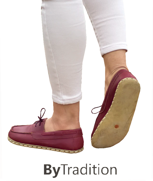 Boat shoe - Copper rivet - Natural and custom barefoot - Burgundy - Woman